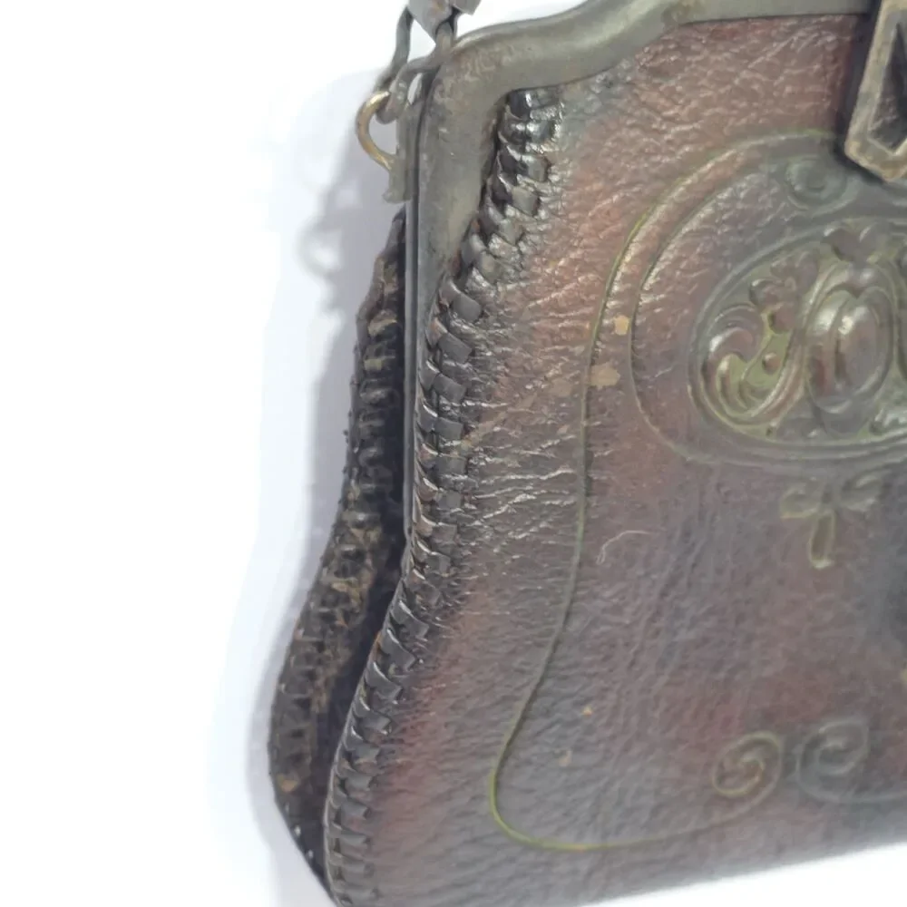 Antique Nocona Hand Tooled Leather Purse Bag Suede Lined Circa 1918 Western Bag